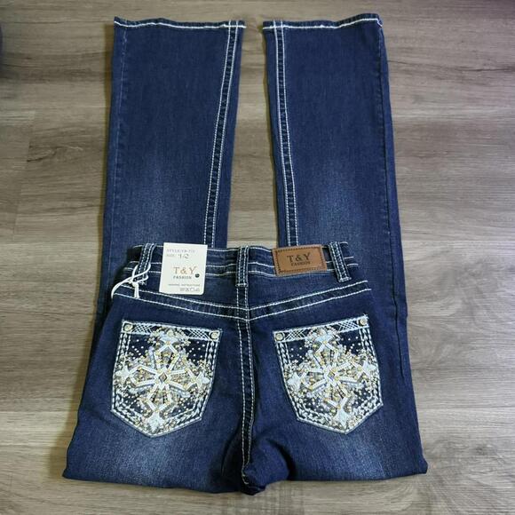 Denim - ੈ✩‧₊˚y2k style dark wash embroidered rhinestone pocket midrise bootcut jeans